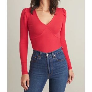 MARINE Layer Lexi Rib Puff Sleeve Top in Barberry Pink Size Small